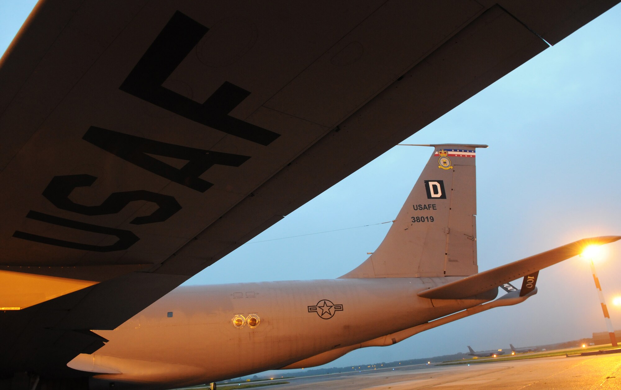 RAF MILDENHALL, England -- A 100th Air Refueling Wing KC-135 Stratotanker sits on the flightline here Oct. 15 prior to departing on a mission. The 100th ARW is a large, diverse organization which conducts air refueling and combat support operations throughout the European and African areas of responsibility. This aircraft provided air refueling to F-15s from the 48th Fighter Wing over the North Sea. (U.S. Air Force photo/Staff Sgt. Thomas Trower)