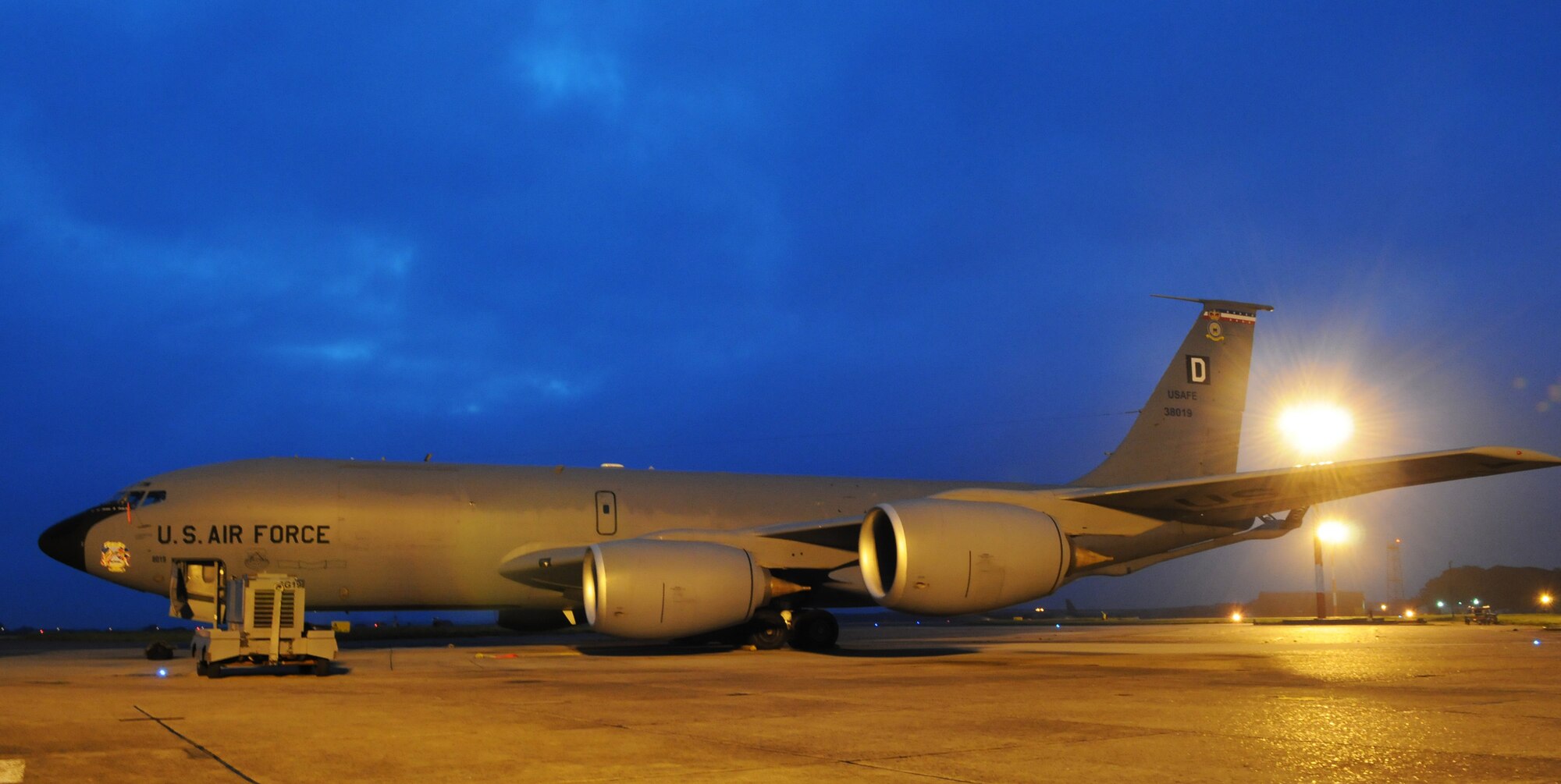 RAF MILDENHALL, England -- A KC-135 Stratotanker from the 100th Air Refueling Wing sits on the flightline here Oct. 15 prior to departing on an air refueling mission over the North Sea with F-15s from nearby RAF Lakenheath. The Stratotanker's unique asset greatly enhances the Air Force's capability to accomplish its primary missions of Global Reach and Global Power. This aircraft offloaded fuel to nine jets from the 48th Fighter Wing during its mission. (U.S. Air Force photo/Staff Sgt. Thomas Trower)