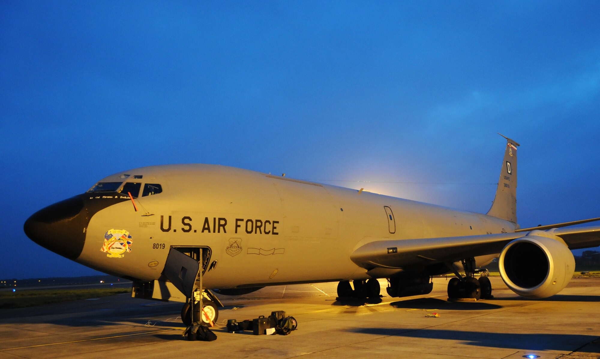 RAF MILDENHALL, England -- A 351st Air Refueling Squadron KC-135 Stratotanker sits on the flightline here Oct. 15 prior to departing on a mission. The 351st ARS provides 27 KC-135 aircrews and employs 15 aircraft for training, operational air refueling, aeromedical evacuation and airlift missions. Aircraft benefiting from these services include U.S. and NATO fighter, bomber, support and reconnaissance aircraft in the airspace over the Atlantic Ocean, Europe, Africa and Southwest Asia. (U.S. Air Force photo/Staff Sgt. Thomas Trower)
