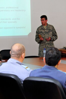 U.S. Air Force Master Sgt. Michael Patrick mentors members of the Bulgarian Air Force on the roles and responsibilities of Airmen during an enlisted leadership seminar at Ignatievo Air Base, Bulgaria, Oct. 21. Sergeant Patrick is a deployed first sergeant from the 480th Fighter Squadron, Spangdahlem Air Base, Germany, supporting Thracian Fall 2010. Thracian Fall is a two week on-site training deployment designed to foster the partnership between the U.S. and Bulgarian Air Force. (U.S. Air Force photo by Tech. Sgt. Michael Voss) 

