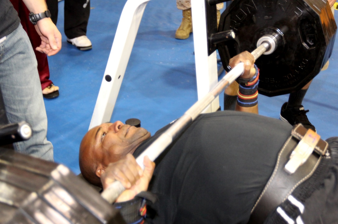 Master Sgt. Michael A. Green, maintenance control chief, Marine Helicopter Light Attack Squadron 469, 3rd Marine Air Wing, bench presses over 500 pounds at the final competition of the 2010 Bench Press Challenge Series, hosted at the Camp Pendleton 52 Area Fitness Center, Oct. 22. Green has been bench pressing competitively for the last 25 years and won overall for all three of the competitions this year.