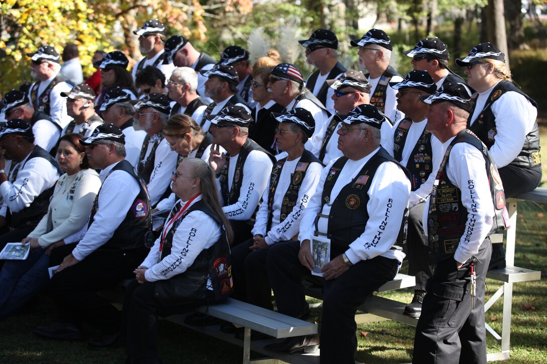 Members of the non-profit organization Rolling Thunder Chapter NC-5 take up an entire section of bleachers at the 24th commemoration of the Beirut Memorial Observance Ceremony, Oct. 23. Rolling Thunder educates the public on prisoner of war and missing in action issues, but on this special day they were there to honor those who lost their lives and support the families they left behind.