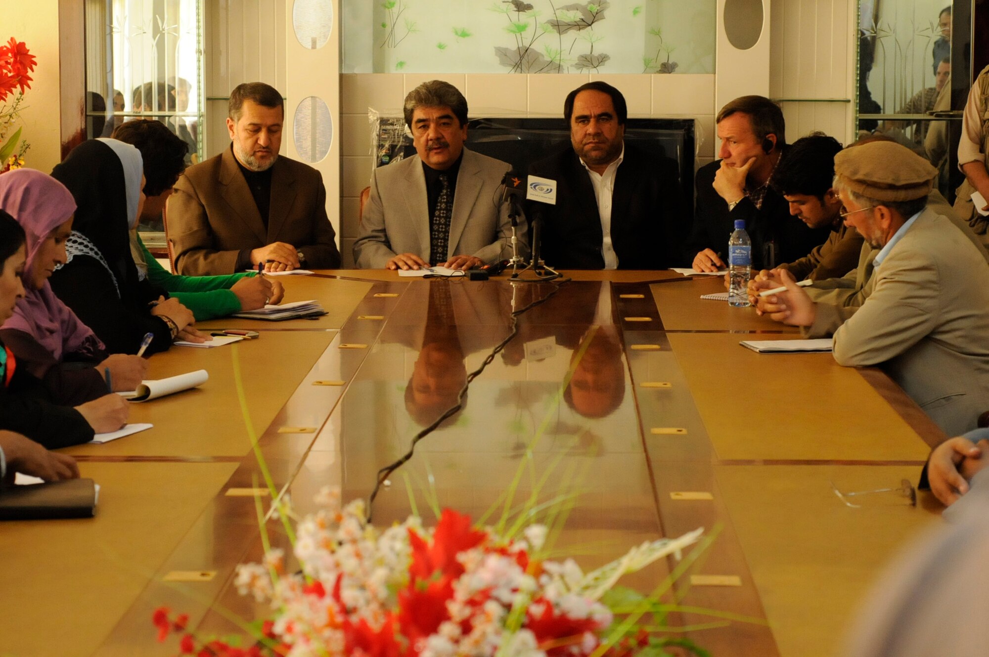 The Afghan Minister of Interior, Afghan Minister of Public Works, Panjshir Provincial Governor and the U.S. Ambassador to Afghanistan, hold a press conference for seven Afghan media outlets in the Bazarak District Oct. 7. Ambassador Eikenberry visited the province to meet with the Panjshir Provincial Reconstruction Team and provincial government officials in order to discuss various provincial issues. (U.S. Air Force Photo by Tech. Sgt. Sean White, Panjshir PRT Public Affairs Photographer)