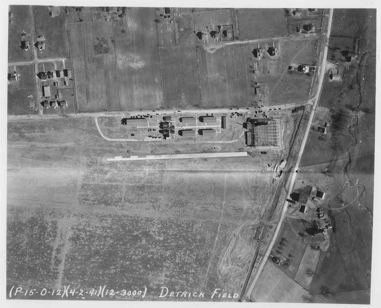 An overhead view of Detrick Field, in Frederick, Md., on April 2, 1941. Detrick Field, which would eventually become Fort Detrick, Md., was named in honor of Dr. (Capt.) Fredrick L. Detrick, flight surgeon for the Maryland National Guard's 104th Observation Squadron. The 104th was based at Detrick Field after being mobilized for World War II on Feb. 3, 1941. (Released)
