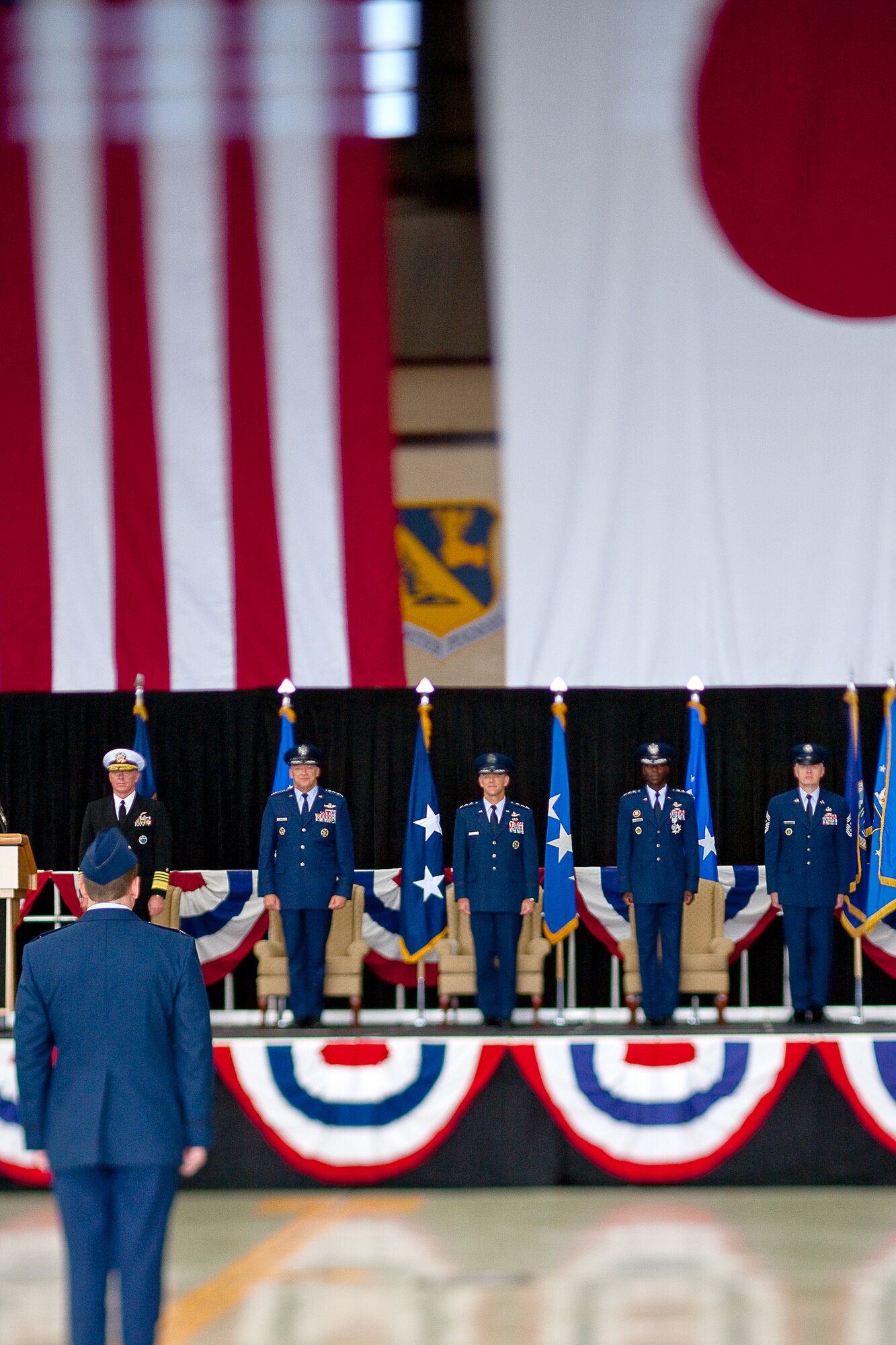 YOKOTA AIR BASE, Japan -- The United States Forces, Japan and Fifth Air Force's change of command ceremony was held here Oct. 25 at Hangar 15. Admiral Robert F. Willard, commander, U.S. Pacific Command and General Gary L. North, commander, Pacific Air Forces, were present to officiate at the ceremony during which Lt. Gen. Burton Field assumed command of USFJ and 5 AF. (U.S. Air Force photo/Osakabe Yasuo)
