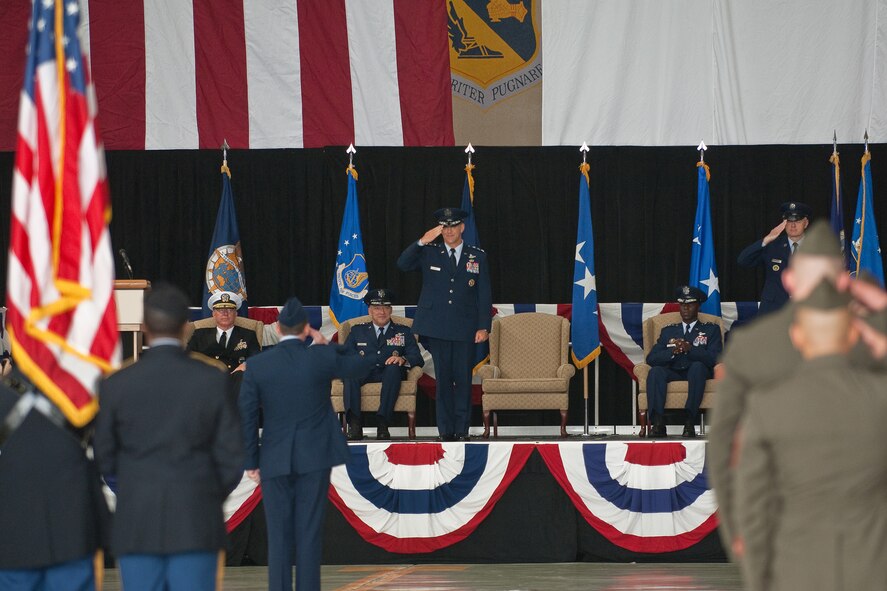 YOKOTA AIR BASE, Japan -- Lieutenant Gen. Burton Field, the new commander of United States Forces, Japan and Fifth Air Force, renders his first salute to the men and women of the USFJ and 5AF here Oct. 25 during the change of command ceremony at Hanger 15. General Field replaced Lt. Gen. Edward Rice  who will assume duties as the next Commander, Air Education and Training Command, Randolph Air Force Base, Texas.  (U.S. Air Force photo/Osakabe Yasuo)