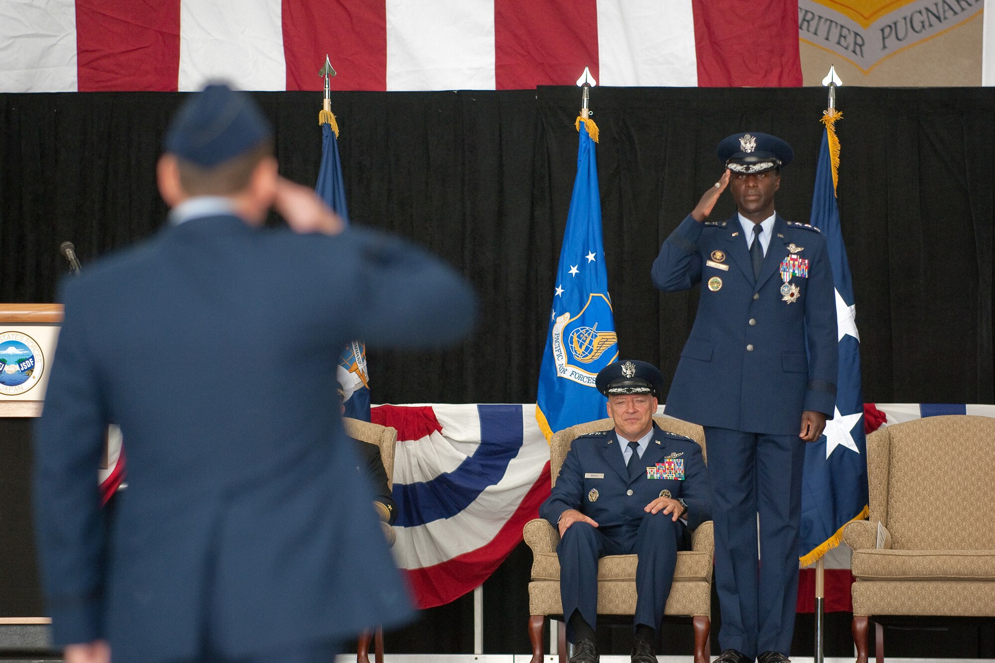 YOKOTA AIR BASE, Japan -- Lieutenant Gen. Edward Rice, outgoing commander of United States Forces, Japan and Fifth Air Force,  received his final salute from the men and women of USFJ and 5 AF here Oct. 25 during the change of command ceremony.  General Rice  will assume duties as the next Commander, Air Education and Training Command, Randolph Air Force Base, Texas.   (U.S. Air Force photo/Osakabe Yasuo)