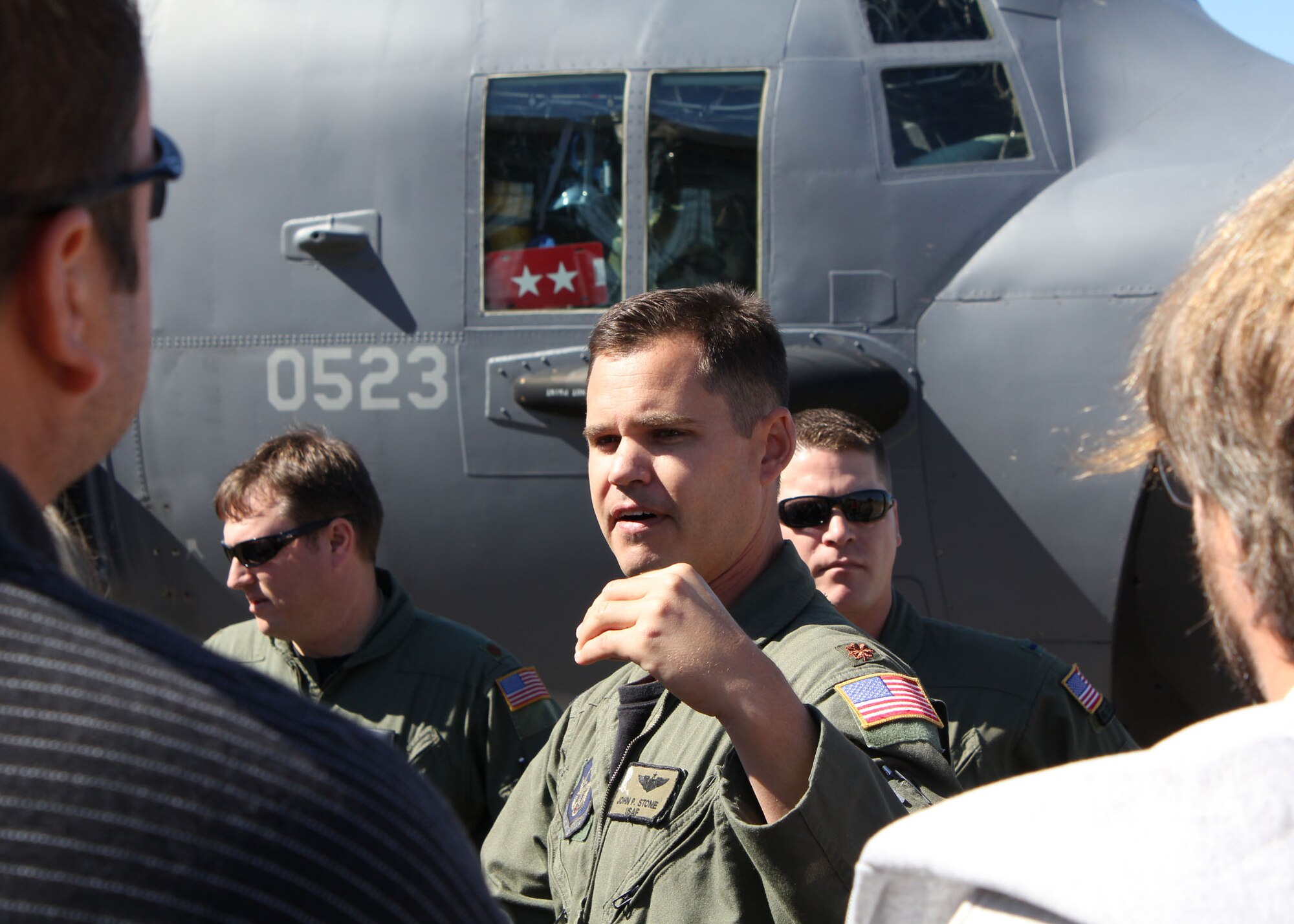 Air Force Reserve Maj. John Stone, a 711th Special Operations Squadron pilot, briefs employers moments before they boarded an MC-130E Combat Talon I for a local area flight.  Major Stone was the aircraft commander for the flight which capped the 919th Special Operations Wing’s Employer Appreciation Day Oct. 7.  The annual event invites civilian employers to see how their reservist “Citizen Commandos” defend America’s interests on a global scale. (U.S. Air Force photo/Adam Duckworth)