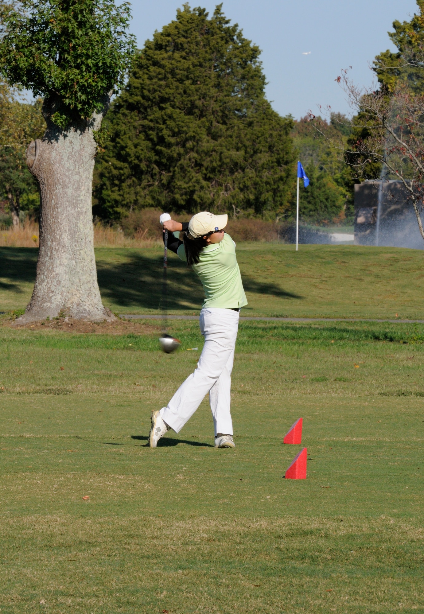LANGLEY AIR FORCE BASE, Va. – U.S. Air Force golfer Bai Zhu, of Tyndall Air Force Base, Fla., tees off during the Air Force Golf Championship Oct. 17. Air Force personnel from around the world competed in the tournament in hopes of advancing on to the Armed Forces Golf Championship, involving all U.S. military. (U.S. Air Force photo/Rick Hopson)
