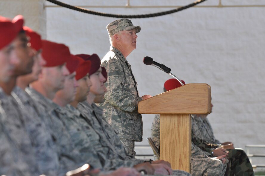 Lt. Gen. Donald Wurster, commander of Air Force Special Operations Command, speaks to the audience during a ceremony after the completion of the Tim Davis Special Tactics Memorial March from Lackland Air Force Base, Texas, to Hurlburt Field, Fla., Oct. 21, 2010. Fifteen special tactics Airmen completed the 860-mile trek to honor the memories of their fallen comrades. (U.S. Air Force Photo by Airman 1st Class Joe W. McFadden/Released)