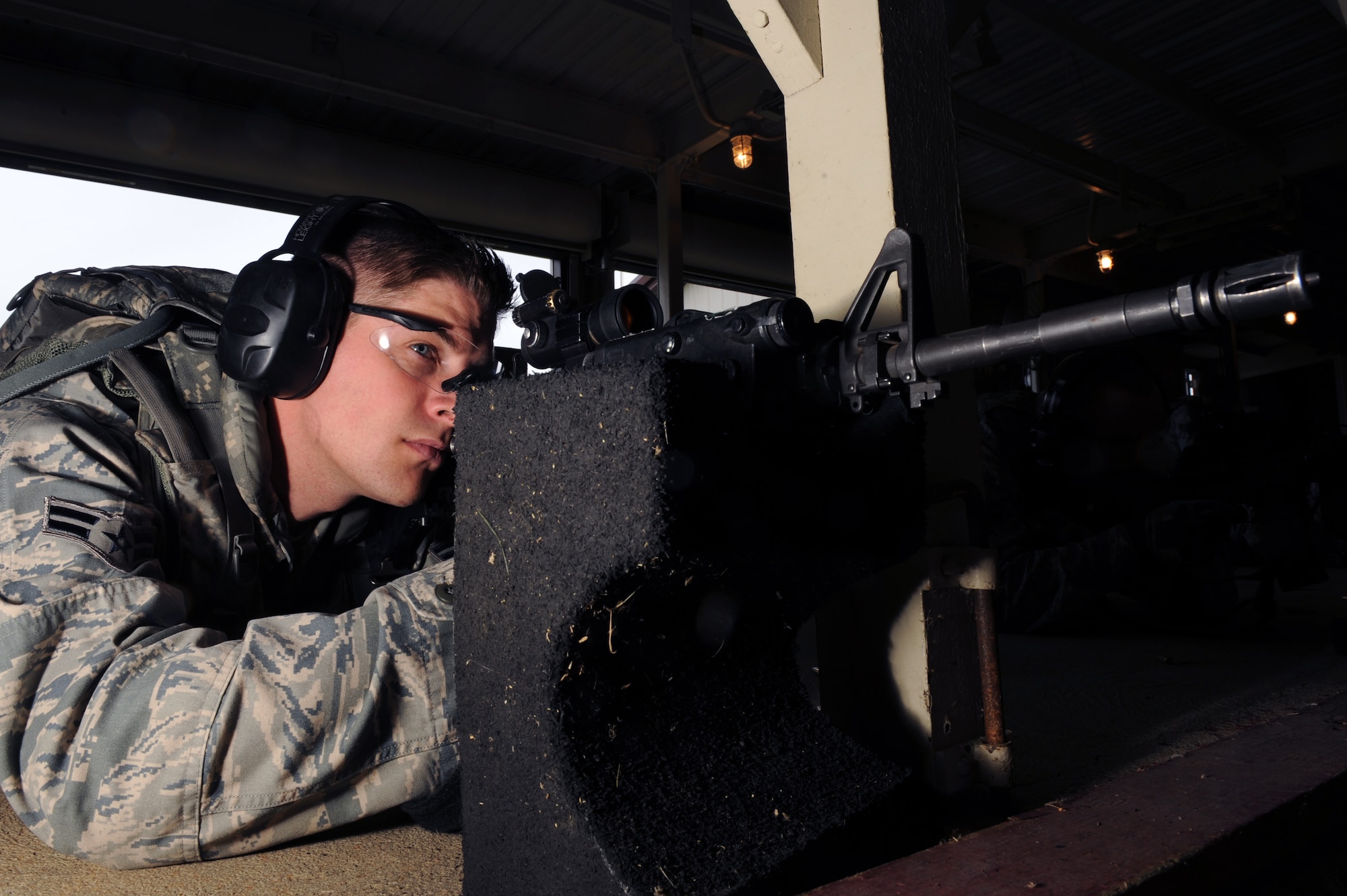 WHITEMAN AIR FORCE BASE, Mo., -- Airman 1st Class Joseph Robin 509th Security Forces Squadron, aims at his target during the combat arms training in preparation for the Global Strike Challenge in November.
(U.S. Air Force photo/Staff Sgt. Jason Huddleston) (Released)