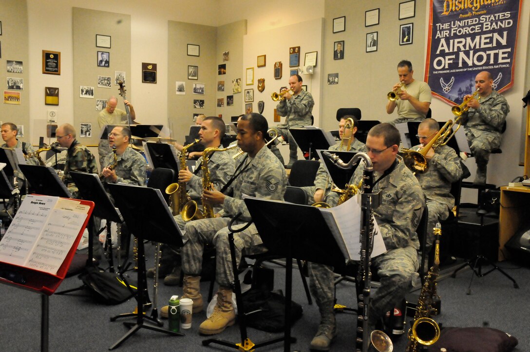 The U.S. Air Force Band's Airmen of Note rehearses Oct. 15 in the Band's
hangar on Joint Base Anacostia-Bolling. It was the group's final rehearsal
in the hangar before moving to Building 1307 following completion of
renovations. The studio vacated by the "Note" inside Hangar 2 is now the
future home of Max  Impact, the premier rock band of the U.S. Air Force.
(U.S. Air Force photo by Airman 1st Class Susan Moreno)