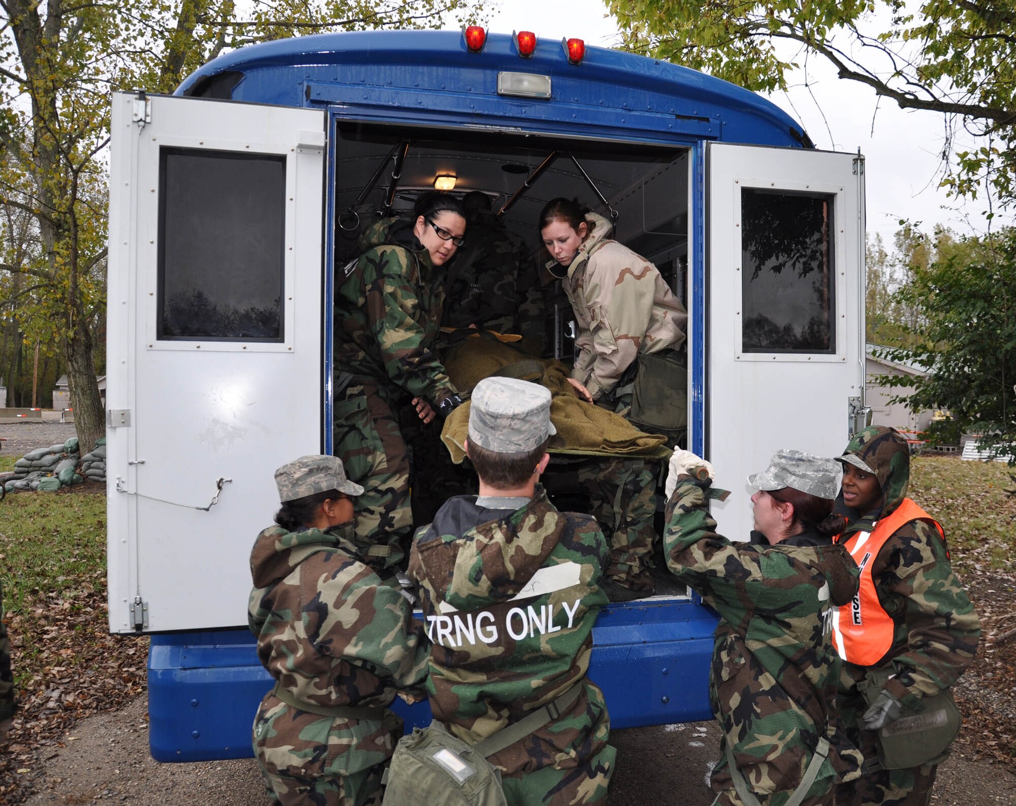 WRIGHT-PATTERSON AIR FORCE BASE, Ohio – Reservists from the 445th Aeromedical Staging Squadron participate in a training exercise during the Oct. 2 unit training assembly.  More than 100 Airmen completed ATSO (the ability to survive and operate) training to include mission oriented protective postures, alarm conditions, and force protection actions.  The group also participated in flu outbreak, security issues and medical recovery exercises. (U.S. Air Force photo/Senior Airman Matthew Cook)