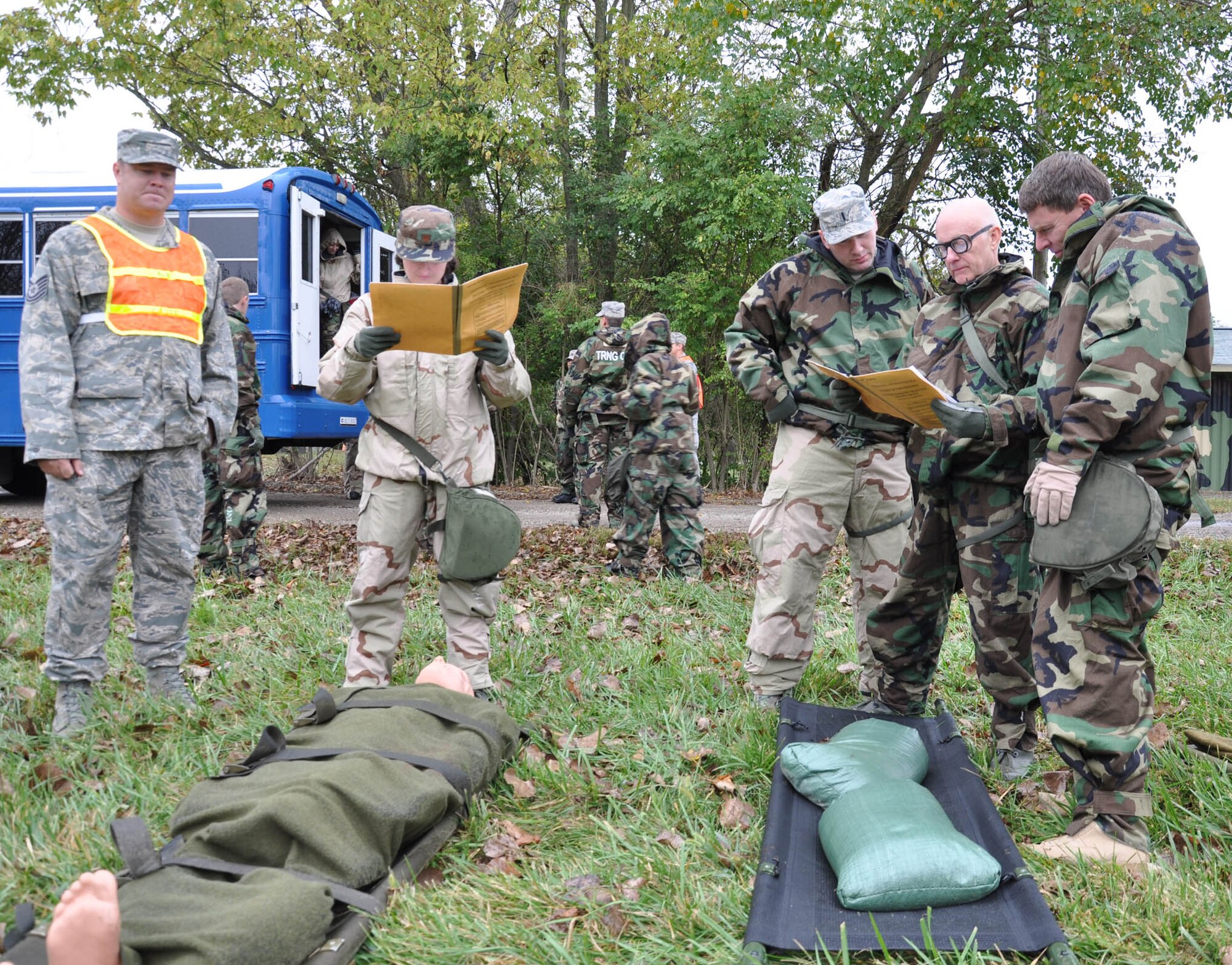 WRIGHT-PATTERSON AIR FORCE BASE, Ohio – Reservists from the 445th Aeromedical Staging Squadron participate in a training exercise during the Oct. 2 unit training assembly.  More than 100 Airmen completed ATSO (the ability to survive and operate) training to include mission oriented protective postures, alarm conditions, and force protection actions.  The group also participated in flu outbreak, security issues and medical recovery exercises. (U.S. Air Force photo/Senior Airman Matthew Cook)