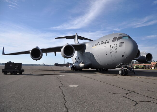 Major General Martin Mazick, vice commander for the Air Force Reserve Command, delivers Joint Base Charleston’s newest C-17 bringing the number assigned to the base to 57.  (U.S. Air Force photo/Staff Sgt. Shane Ellis)
