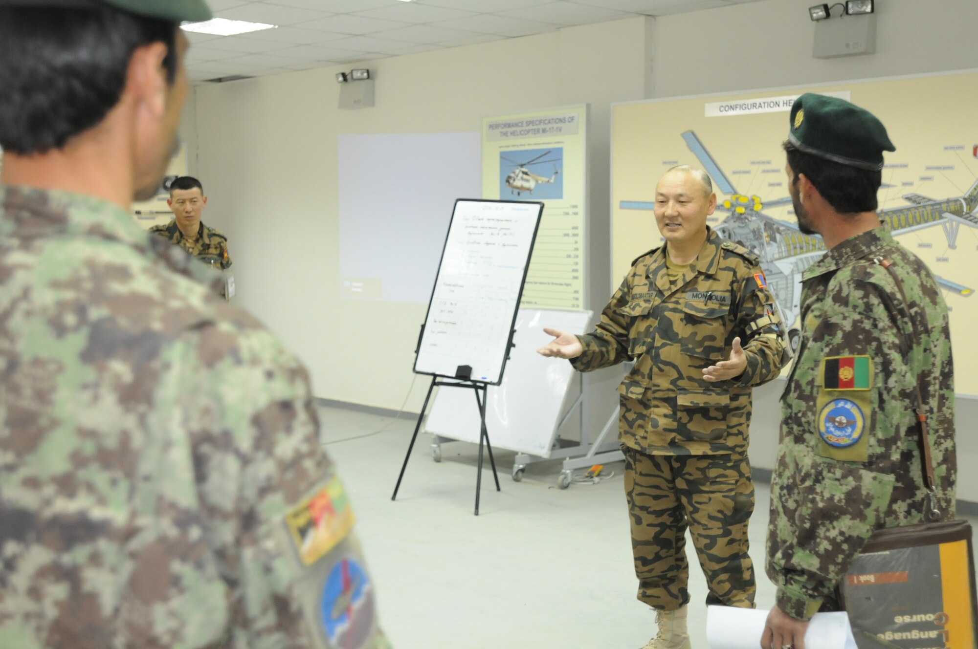 Lt. Col. Chogdon Boldbaatar, officer in charge of Afghan Advising team from Mongolia, introduces himself and his team to Afghan students.  The class will teach fundamental of the Mi-17 transport helicopter which the Afghans maintain and fly in the Afghan Air Force.