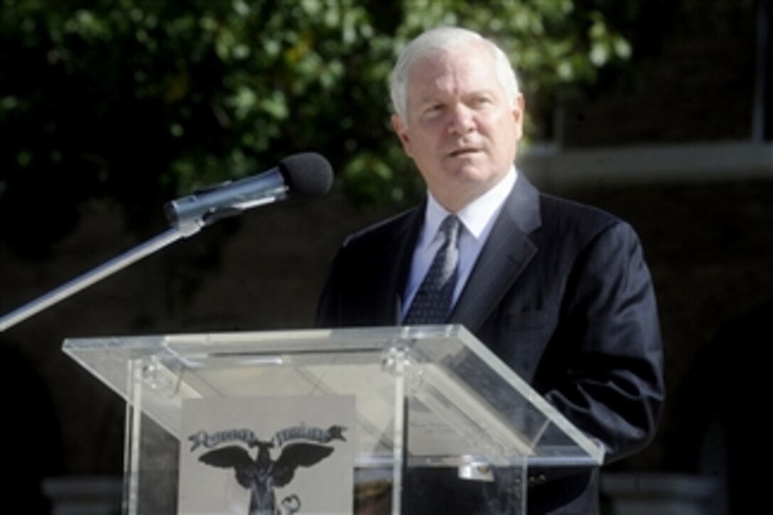 Secretary of Defense Robert M. Gates addresses the audience during a Passage of Command of the United States Marine Corps ceremony at the Marine Barracks, Washington, D.C., on Oct. 22, 2010.  Gen. James T. Conway relinquished command as Commandant of the Marine Corps to Gen. James F. Amos in a ceremony presided over by Gates.  