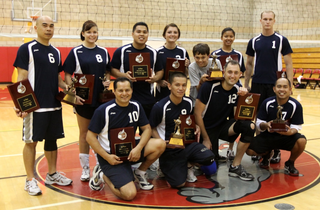 Naval Hospital Camp Pendleton's Planet Hollywood team members display their plaques and trophies after the 2010 Pendleton Cup Volleyball League finals, Oct. 25. Planet Hollywood's relentless ambition against their opponent won them the five-game series with a total of four wins and one loss.