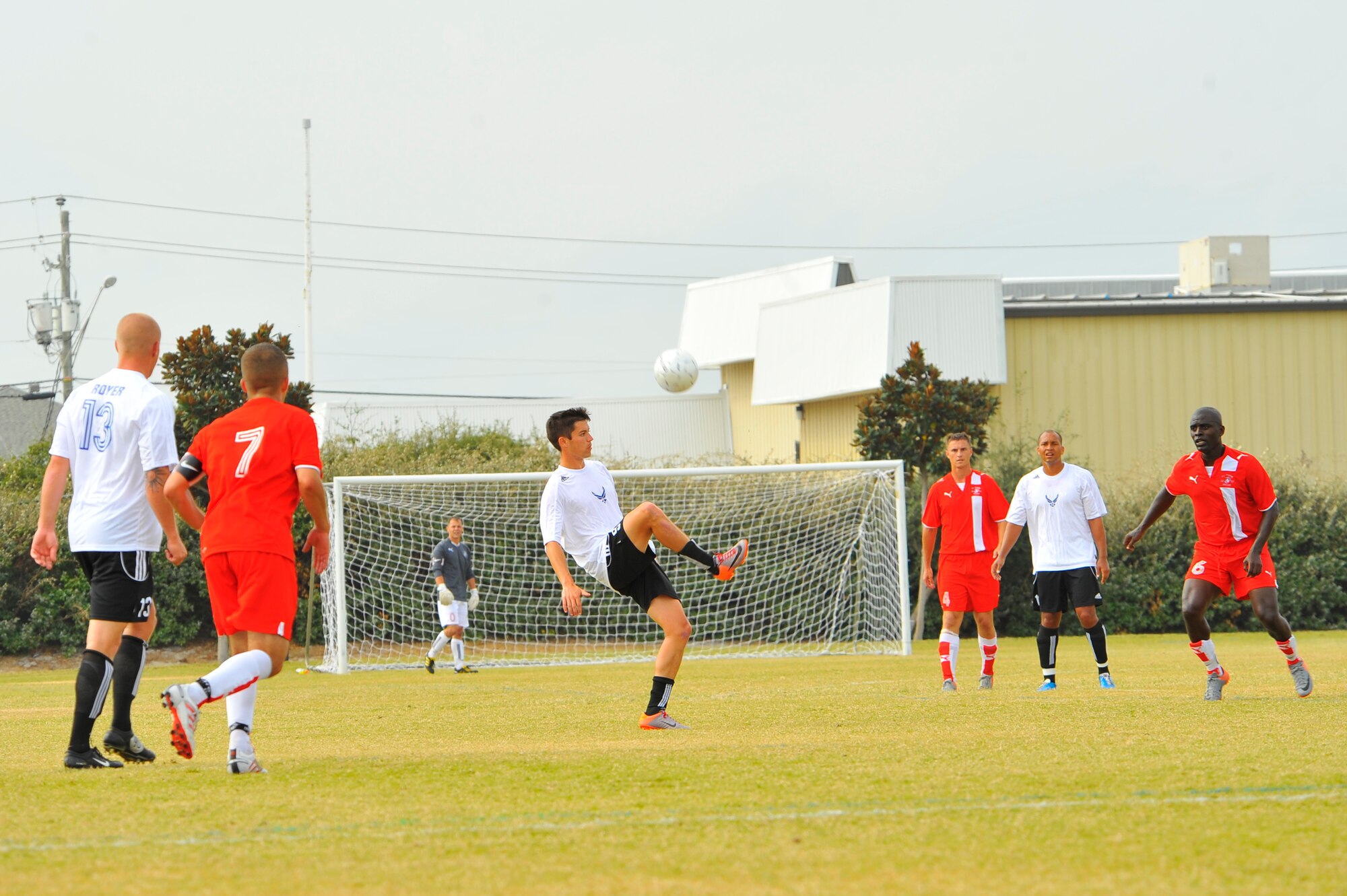 U.S. Air Force 2nd Lt. Richard Nova, a member of the Air Force soccer team, kicks the ball during the Armed Forces Men's Soccer Championship at Morgan Sports Complex, Destin, Fla., Oct. 24, 2010. The top players from the tournament will be chosen to represent the US in the International Military Sports Competition. Lieutenant Nova is assigned to Columbus Air Force Base, Miss. (DoD photo by U.S. Air Force Senior Airman Sheila deVera/RELEASED)
