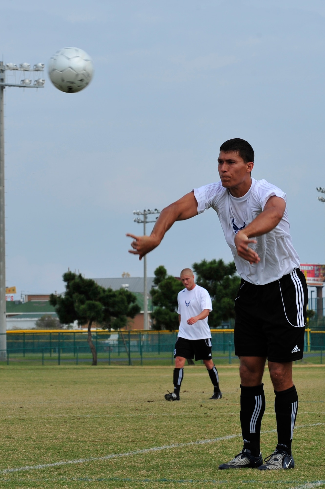 U.S. Air Force Capt. Robert Wible, Air Force soccer team midfielder, throws in the ball during an Armed Forces Men's Soccer Championship match against the U.S. Marine Corps at Morgan Sports Complex, Destin, Fla., Oct. 24, 2010. The Armed Forces Championships are conducted by the Armed Forces Sports council for the purpose of promoting, understanding, goodwill, and competition among the Armed Services. Captain Wible is stationed at Eglin AFB, Fla. (DoD Photo by Staff Sgt. Stephanie Jacobs/RELEASED)



