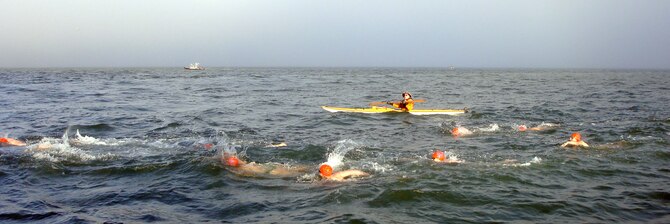 Cadets swim the 2.2-mile "Escape from Alcatraz" route from Alcatraz Island in San Francisco Bay to the mainland Sept. 26, 2010. Thirteen cadets took part in the event in hopes of establishing an open-water swimming club at the Air Force Academy. (U.S. Air Force photo)