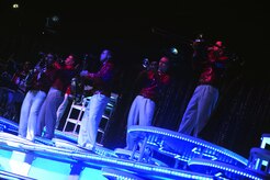 The Tops In Blue band performs during a show at the North Charleston Performing Arts Center Oct. 21, 2010. The band portion of Tops In Blue consists of 10 members who have been selected from hundreds of Air Force applicants. In the past decade, Tops In Blue was among the first entertainment groups to travel into Afghanistan, Uzebikstan, Pakistan, Qatar and Kyrgyzstan to raise the morale of the troops. (U.S. Air Force Photo/Airman 1st Class Lauren Main)