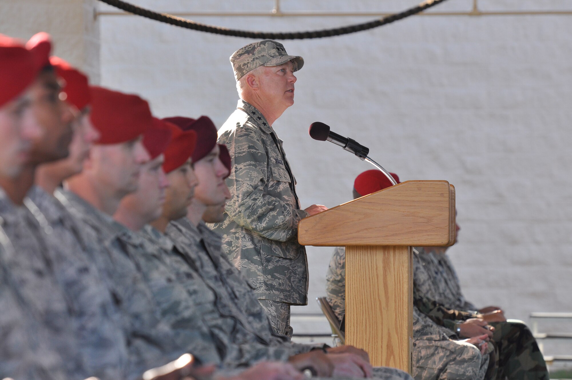 Lt. Gen. Donald C. Wurster speaks to the audience Oct. 21, 2010, during a ceremony after the completion of the Tim Davis Special Tactics Memorial March from Lackland Air Force Base, Texas, to Hurlburt Field, Fla. Fifteen special tactics Airmen completed the 860-mile trek to honor the memories of their fallen comrades. General Wurster is the commander of Air Force Special Operations Command. (U.S. Air Force photo/Airman 1st Class Joe W. McFadden)