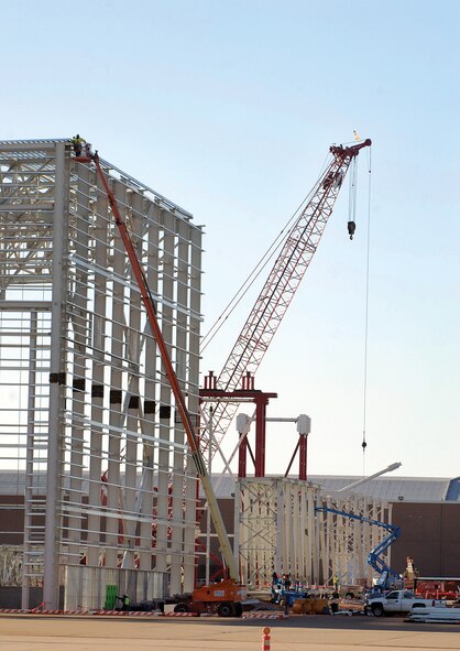 Construction continues on a 164,000 square foot hangar for the Oklahoma City Air Logistics Center. It will hold up to four KC-135 aircraft and is scheduled to be finished in 2012. (Air Force photo by Margo Wright)