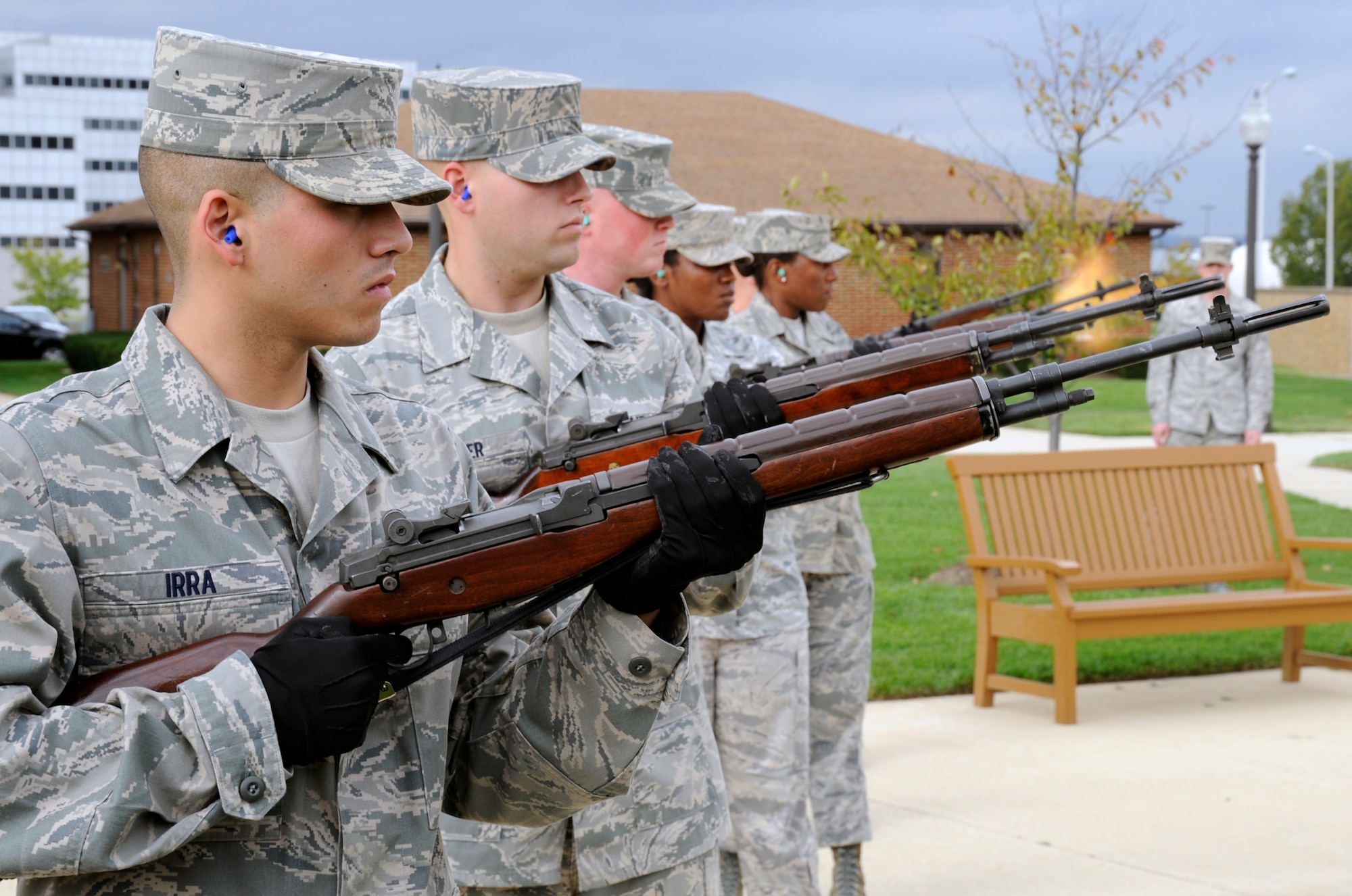 Members of the U. S. Air Force Honor Guard's firing party practice firing their rifles Oct. 25, 2010, at Bolling Air Force Base, D.C. The firing party conducts rifle volleys at funerals for veterans. (U.S. Air Force photo/Staff Sgt. Matthew Bates)