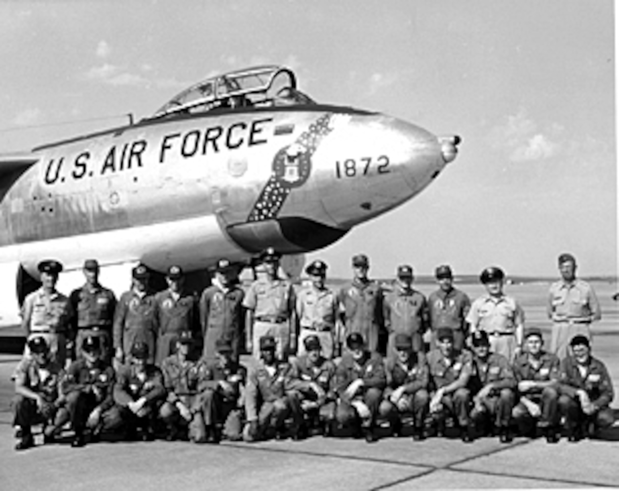 FAIRCHILD AIR FORCE BASE, Wash - Members of the 307th Bomb Wing pose in front of their B-47 Stratojet in 1961 during the 13th Annual Bombing and Navigation Competition. During this Bomb Comp, more categories were include – alert exercise, bombing, navigation, electronic counter-measures, air refueling, pilot techniques, and munitions loading – to determine the specific winner of the Fairchild Trophy. (Courtesy photo)