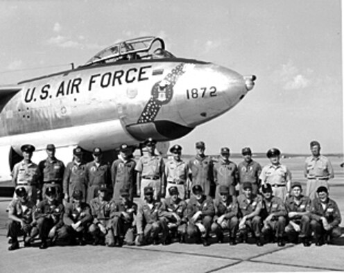FAIRCHILD AIR FORCE BASE, Wash - Members of the 307th Bomb Wing pose in front of their B-47 Stratojet in 1961 during the 13th Annual Bombing and Navigation Competition. During this Bomb Comp, more categories were include – alert exercise, bombing, navigation, electronic counter-measures, air refueling, pilot techniques, and munitions loading – to determine the specific winner of the Fairchild Trophy. (Courtesy photo)