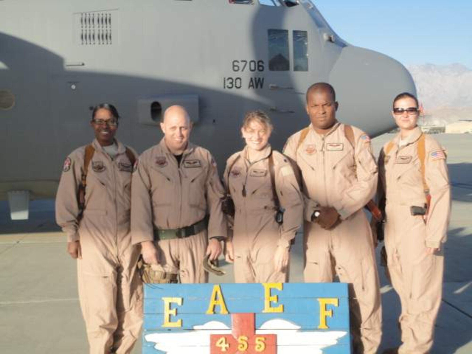 Members of the 455th Expeditionary Aeromedical Evacuation Flight aircrew pose for a picture at Bagram Air Field, Afghanistan. The members of the crew are (from left to right) Senior Airman Candice Hunter, Capt. Chris Blomberg, Lt. Col. Bobbie Stemen, Senior Airman Carl Mathews, and Tech. Sgt. Tiffany Brown. (Courtesy Photo)