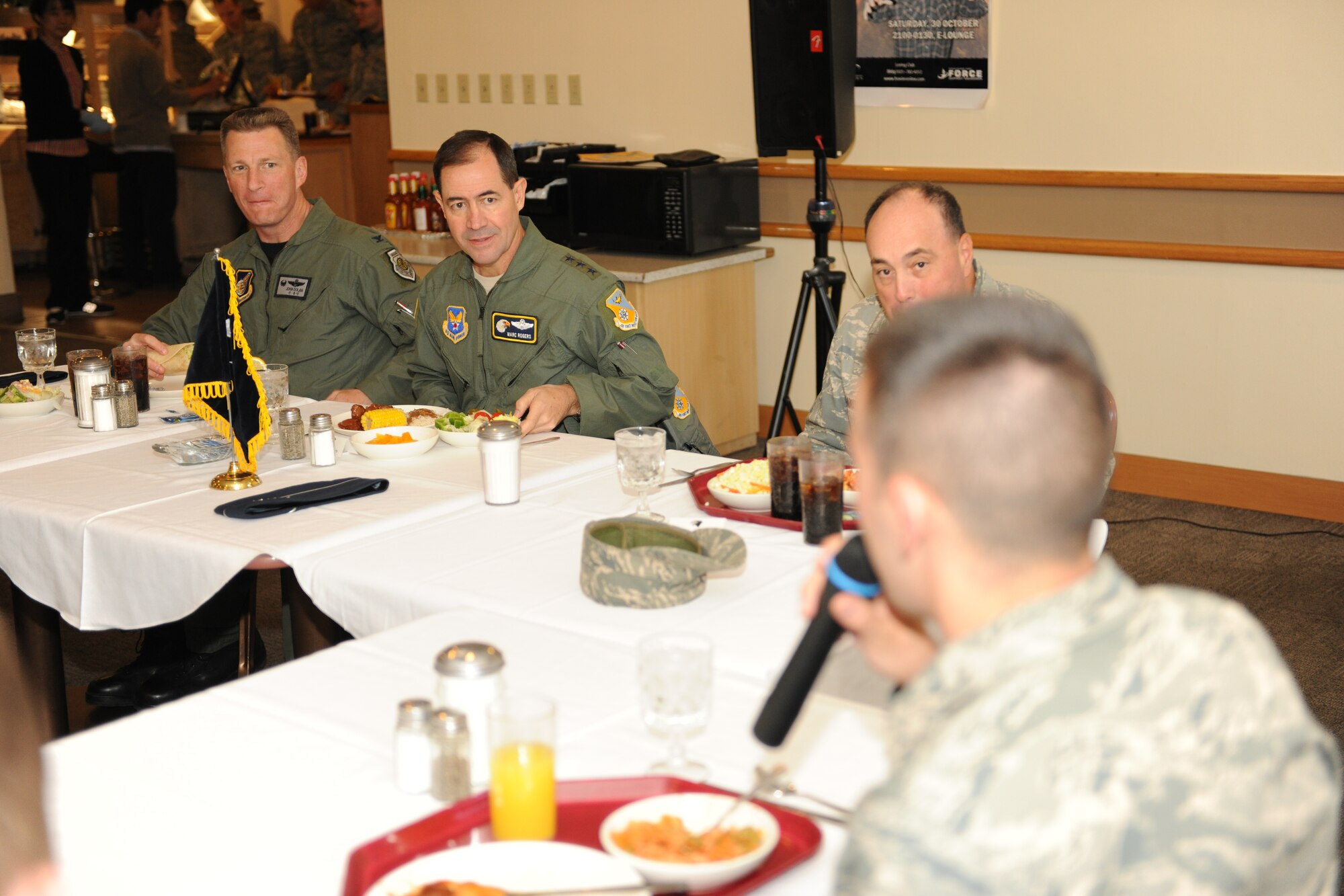 KUNSAN AIR BASE, Republic of Korea -- Lt. Gen. Marc Rogers, Secretary of the Air Force Inspector General, listens to a question from an Airman here during a luncheon with Wolf Pack Airmen Oct. 26 at the dining facility. General Rogers also toured a dormitory, the commissary, base exchange and 8th Force Support Squadron and held a call with 8th Fighter Wing first sergeants, chiefs and commanders during his visit to Kunsan Oct. 26 and 27. (U.S. Air Force photo/Senior Airman Ciara Wymbs)