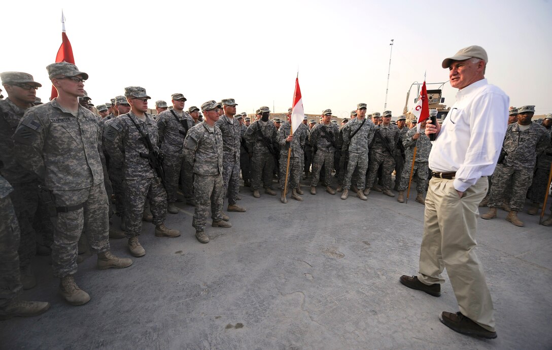 U.S. Deputy Defense Secretary William J. Lynn III speaks to U.S. Army soldiers in 5th Battalion, 7th Calvary Regiment, at Joint Security Station Falcon in Iraq, Oct. 26, 2010.  