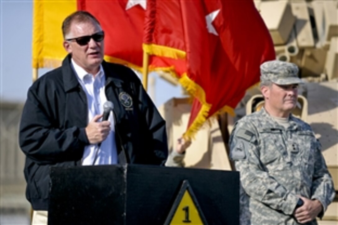 U.S. Deputy Defense Secretary William J. Lynn III addresses more than 200 Army soldiers in Baghdad, Oct. 26, 2010.