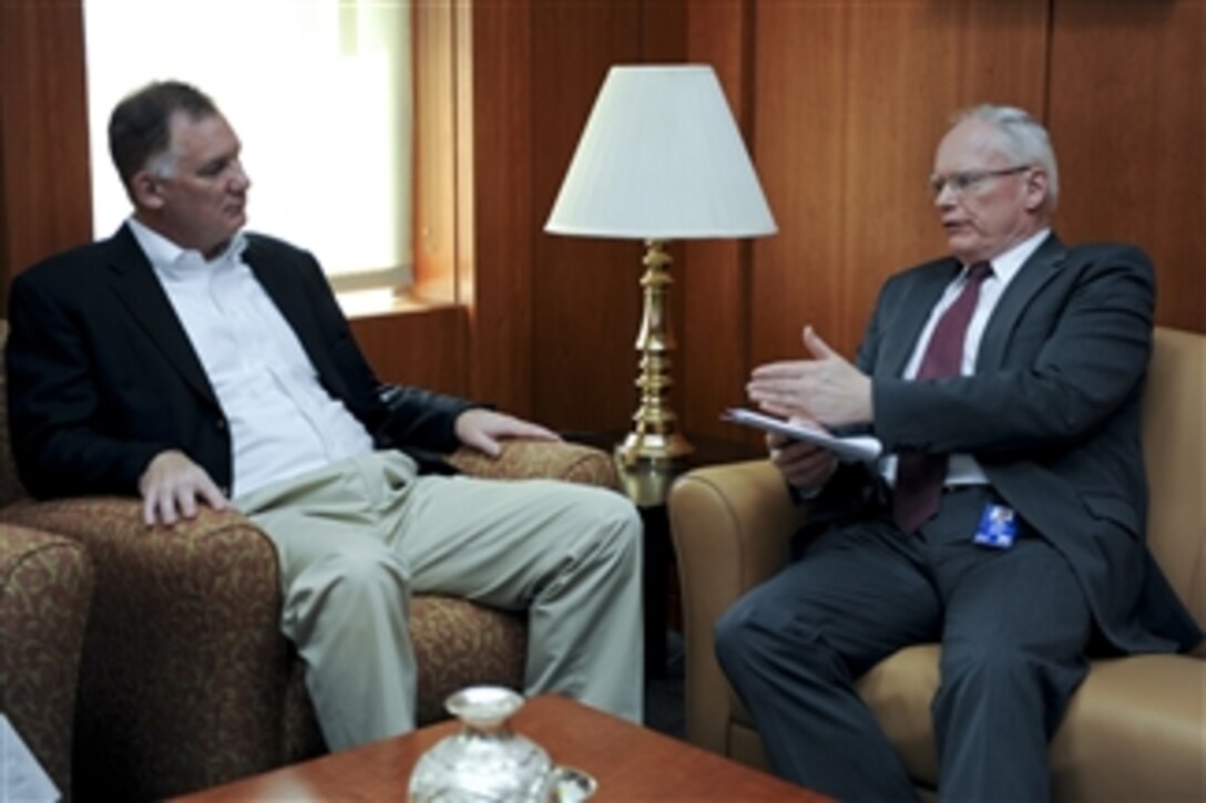 Deputy Secretary of Defense William J. Lynn III meets with U.S. Ambassador to Iraq James Jeffrey in Baghdad, Iraq, on Oct. 26, 2010.  