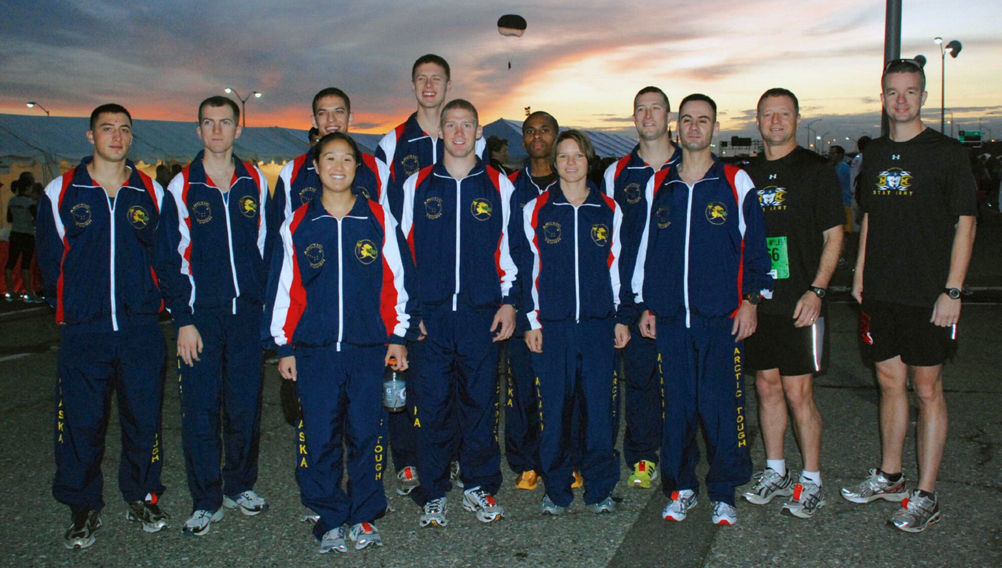 U.S. Army Alaska Commanding General Brig. Gen. Raymond Palumbo and USARAK Command Sgt. Maj. David Turnbull stand with the USARAK Army Ten-Miler team prior to the race Sunday in Washington, D.C. (U.S. Army photo/Mary M. Rall)