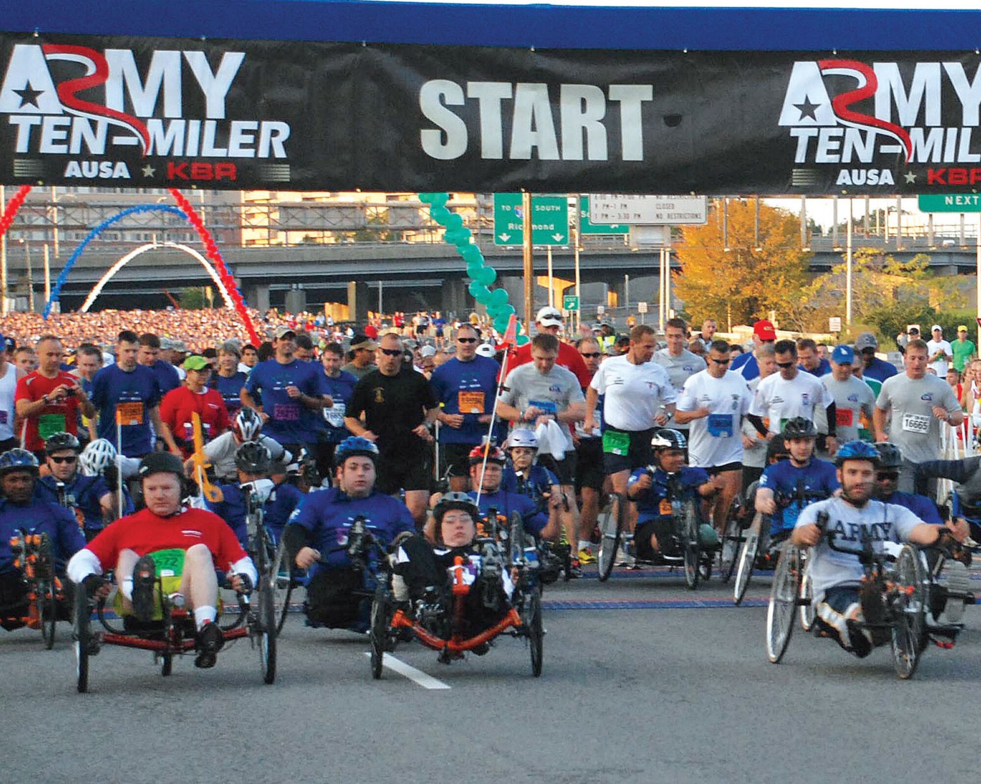 Wounded warriors begin the Army Ten-Miler Sunday in Washington, D.C. More than 55 wounded warriors participated in the event, taking to the course ten minutes prior to when the official race began. (U.S. Army photo/Mary M. Rall)