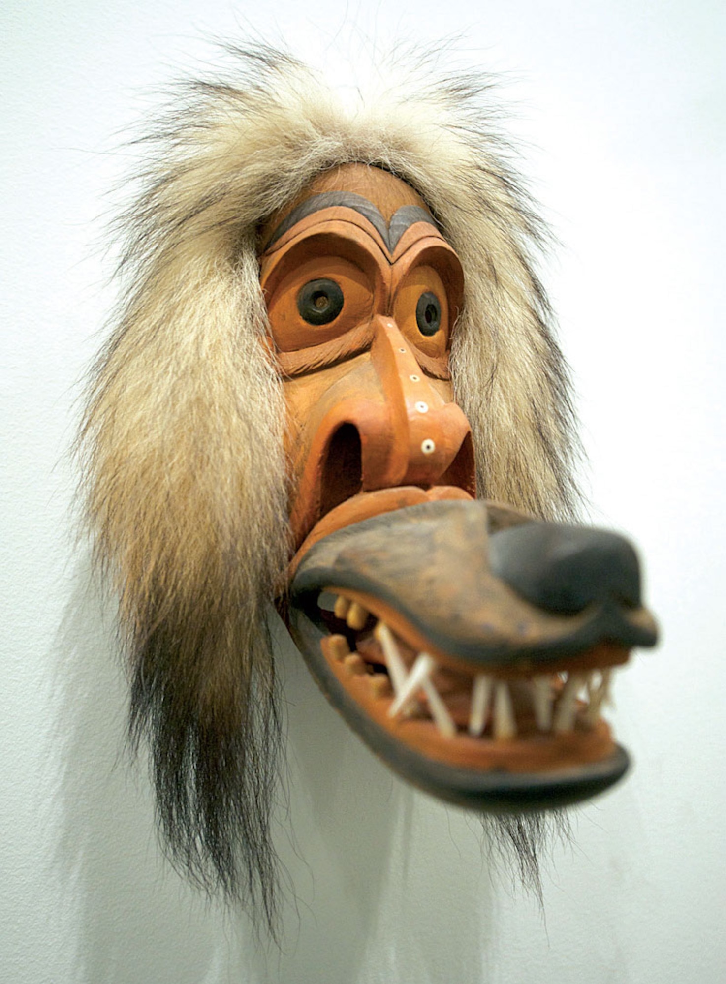 An untitled art work by Sam K. Fox, made of wood, wolf fur, walrus ivory, and whale baleen is part of a contemporary Alaska Native art exhibition at the Anchorage Museum. (U.S. Air Force photo/David Bedard)
