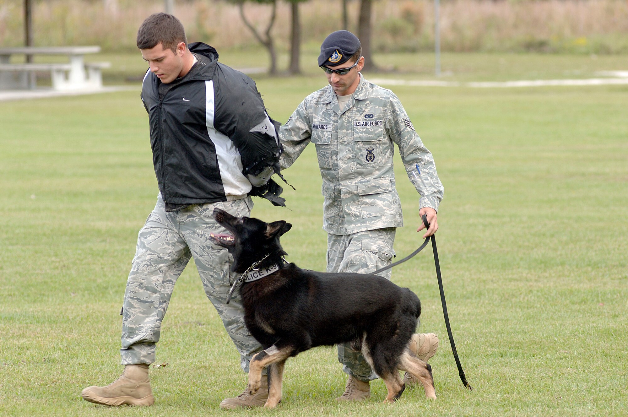 U.S. Air Force Senior Airman Brandon Edwards, right, Senior Airman Joel Patterson, left, and military working dog Waldo demonstrate how an aggressor is apprehended during a demonstration held at Lambs Elementary Oct. 26, 2010. The working dog demonstration was part of Red Ribbon Week, which is the nation's oldest and largest drug prevention program, reaching millions of Americans every year. Airmen Edwards and Patterson are both military working dog handlers with the 628th Security Forces Squadron. (U.S. Air Force photo/Staff Sgt. Marie Brown)