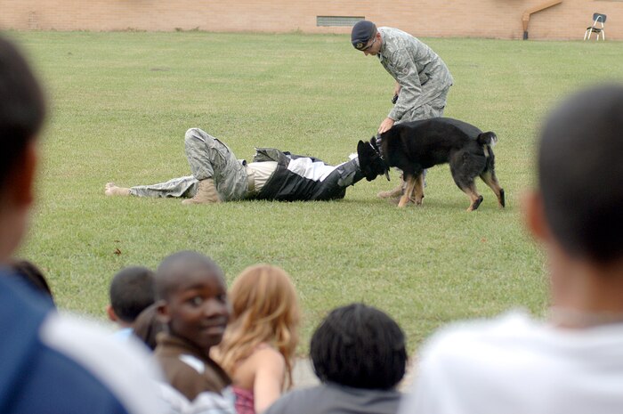 Students and faculty at Lambs Elementary School watch as U. S. Air Force Senior Airman Brandon Edwards, right, and Senior Airman Joel Patterson, left, demonstrate how military working dog Waldo takes down an aggressor during a demonstration held at the school Oct. 26, 2010. The working dog demonstration was part of Red Ribbon Week, which is the nation's oldest and largest drug prevention program, reaching millions of Americans every year. Airmen Edwards and Patterson are both military working dog handlers with the 628th Security Forces Squadron. (U.S. Air Force photo/Staff Sgt. Marie Brown)