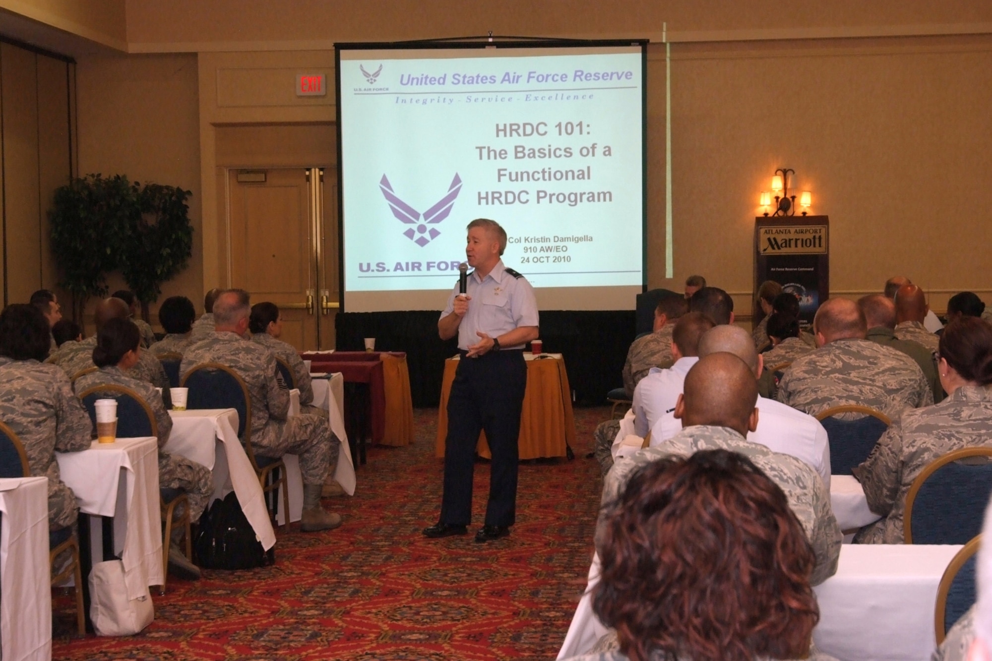 Brig. Gen. Keith Kries, from 8th Air Force at Barksdale Air Force Base, La., addresses the crowd during the Air Force Reserve Command Human Resources Development Council conference  Oct 24-27, 2010 in Atlanta.  The goal of HRDC is to create and maintain a fully developed, skilled, motivated, enthusiastic, and diverse workforce. (U.S. Air Force photo/Tech Sgt.l Sergeant Joe Zuccaro)