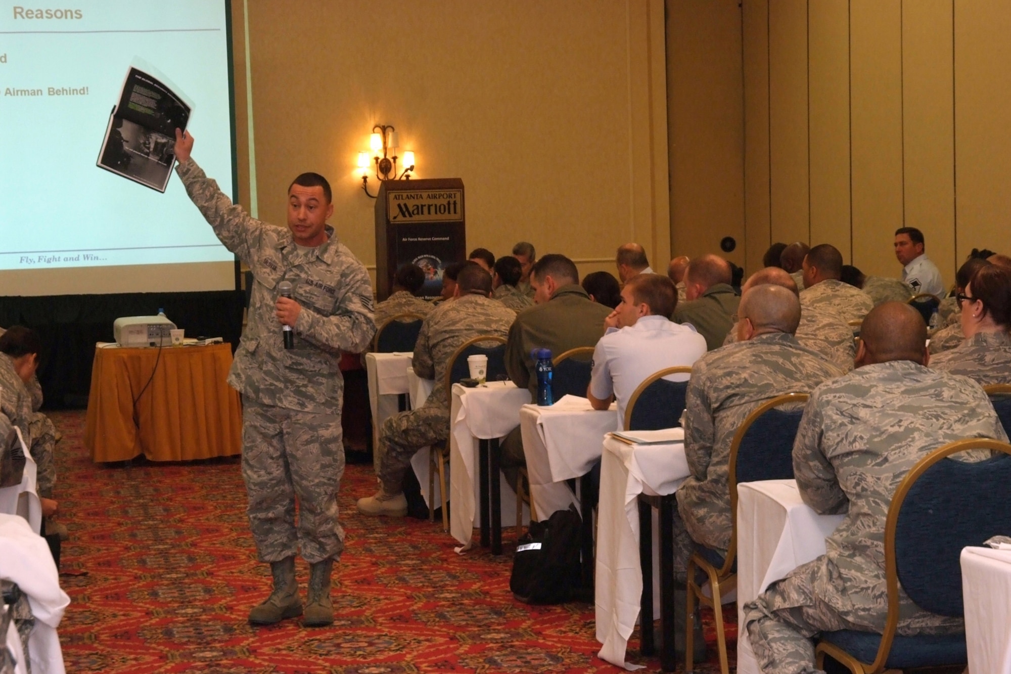 Staff Sgt. Joe Saldivar, Dobbins Air Reserve Base, Ga., makes a presentation during the Air Force Reserve Command Human Resources Development Council conference  Oct 24-27, 2010 in Atlanta.  The goal of HRDC is to create and maintain a fully developed, skilled, motivated, enthusiastic, and diverse workforce. (U.S. Air Force photo/Tech Sgt. Joe Zuccaro)