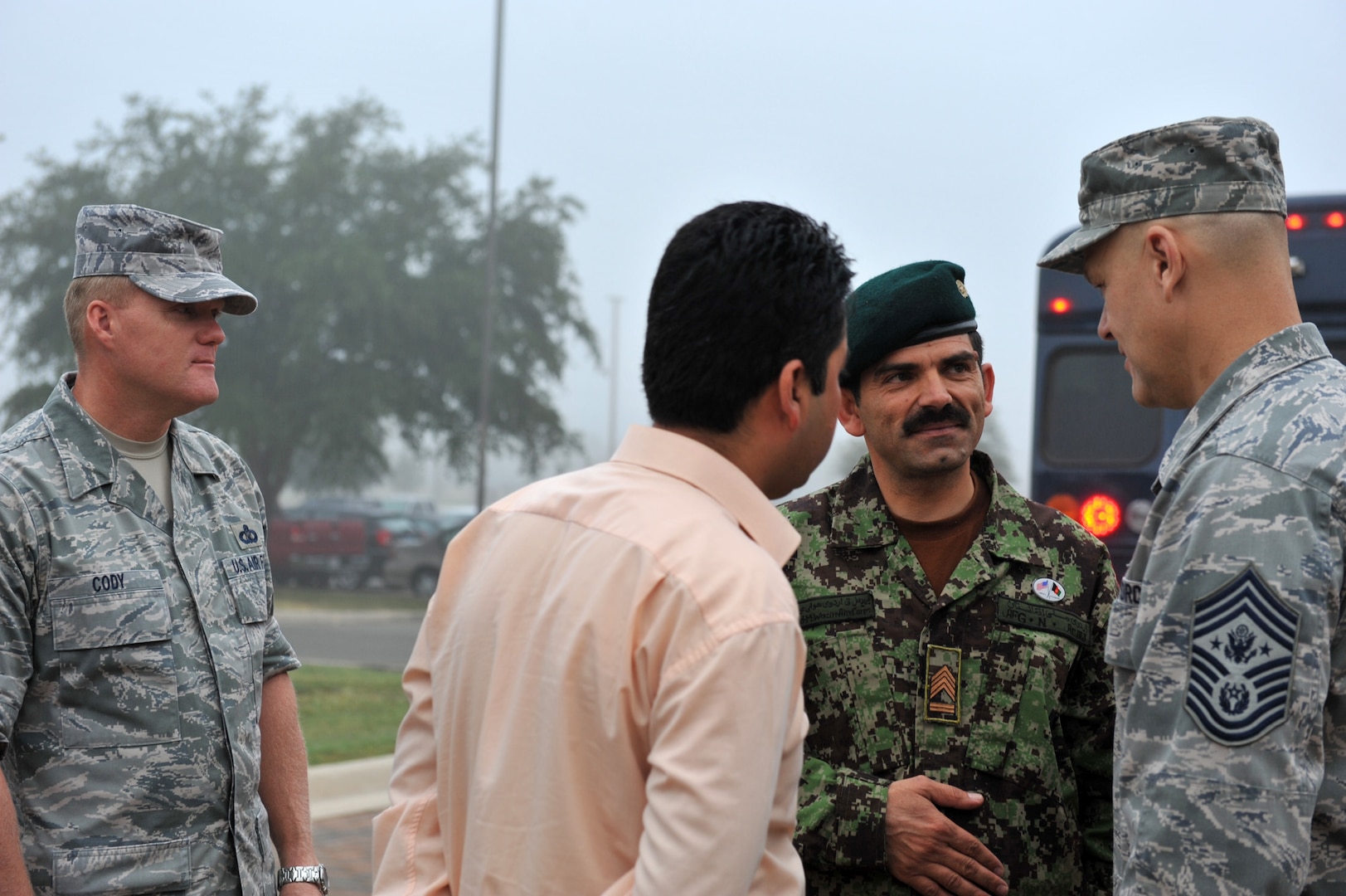 Chief Master Sgt. of the Air Force James A. Roy speaks with Eid Mohammad, the command sergeant major of the Afghan air force, Oct. 27, 2010, at Lackland Air Force Base, Texas. (U.S. Air Force photo/Staff Sgt. Desiree Palacios) 