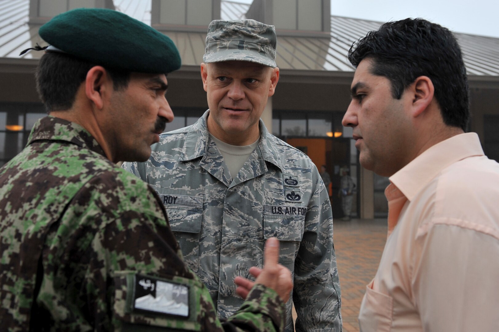 Chief Master Sgt. of the Air Force James A. Roy speaks with Eid Mohammad, the command sergeant major of the Afghan air force, Oct. 27, 2010, at Lackland Air Force Base, Texas. (U.S. Air Force photo/Staff Sgt. Desiree Palacios) 