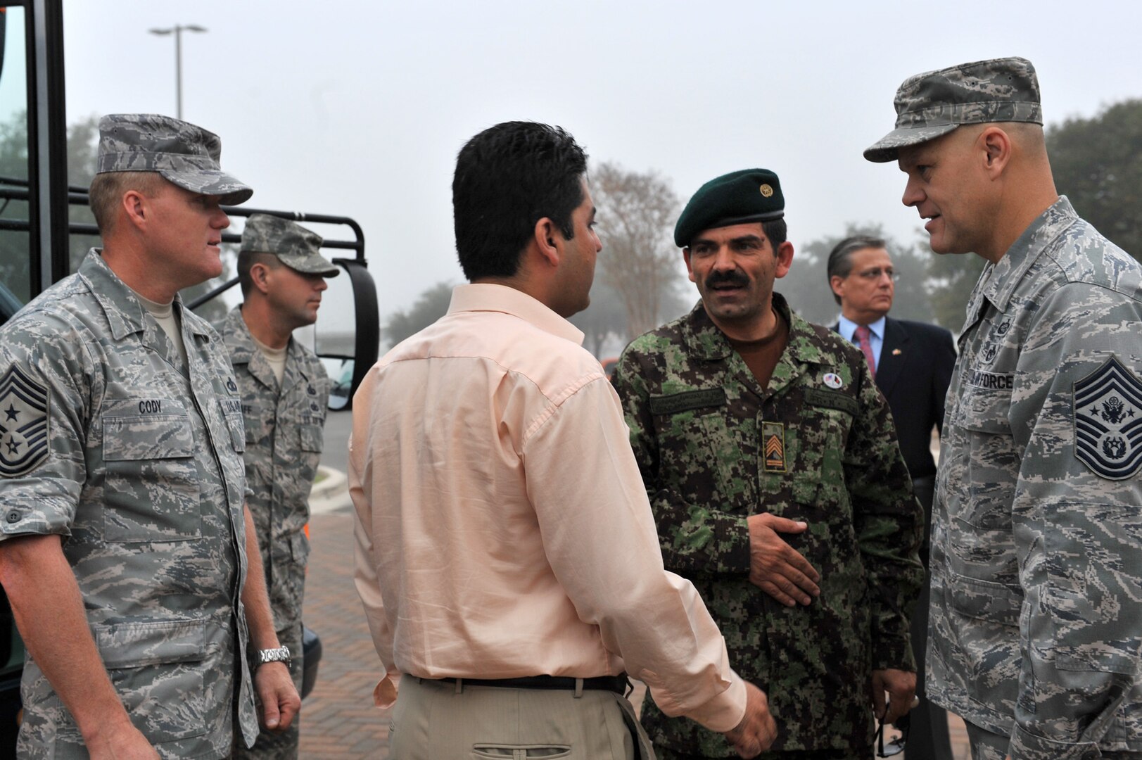 Chief Master Sgt. of the Air Force James A. Roy greets Eid Mohammad, the command sergeant major of the Afghan air force, Oct. 27, 2010, at Lackland Air Force Base, Texas. (U.S. Air Force photo/Staff Sgt. Desiree Palacios) 