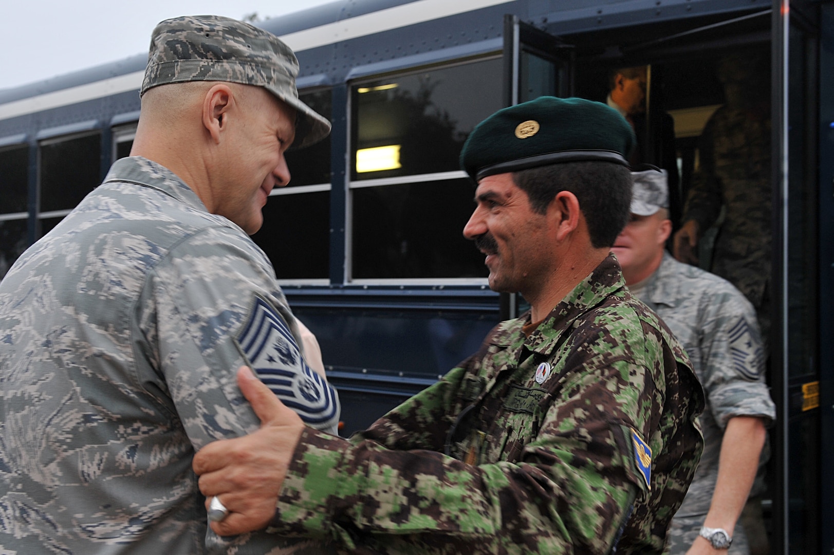 Chief Master Sgt. of the Air Force James A. Roy greets Eid Mohammad, the command sergeant major of the Afghan air force, Oct. 27, 2010, at Lackland Air Force Base, Texas. (U.S. Air Force photo/Staff Sgt. Desiree Palacios) 