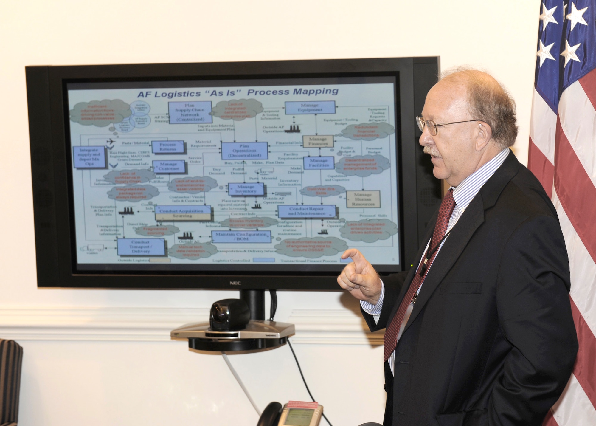 Grover Dunn, the Air Force director of transformation, briefs the implementation of the Expeditionary Combat Support System to a group of senior Air Force leaders at the Pentagon Oct. 22, 2010. ECSS is an Air Force Logistics transformation that will provide integrated software, standardized business processes, and transformed personnel roles. (U.S. Air Force photo/John Meade)