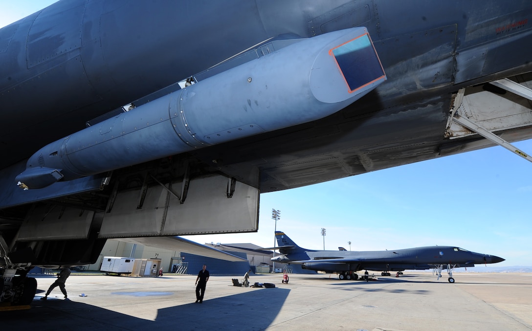 ELLSWORTH AFB, S.D. – A B-1B sniper pod waits on the flightline, Oct. 22. The pod is a long-range precision targeting system which supports the B-1’s mission by providing positive target identification, autonomous tracking, coordinate generation and precise weapons guidance from extended standoff ranges supporting air to ground operations. (U.S. Air Force photo/Senior Airman Kasey Close)