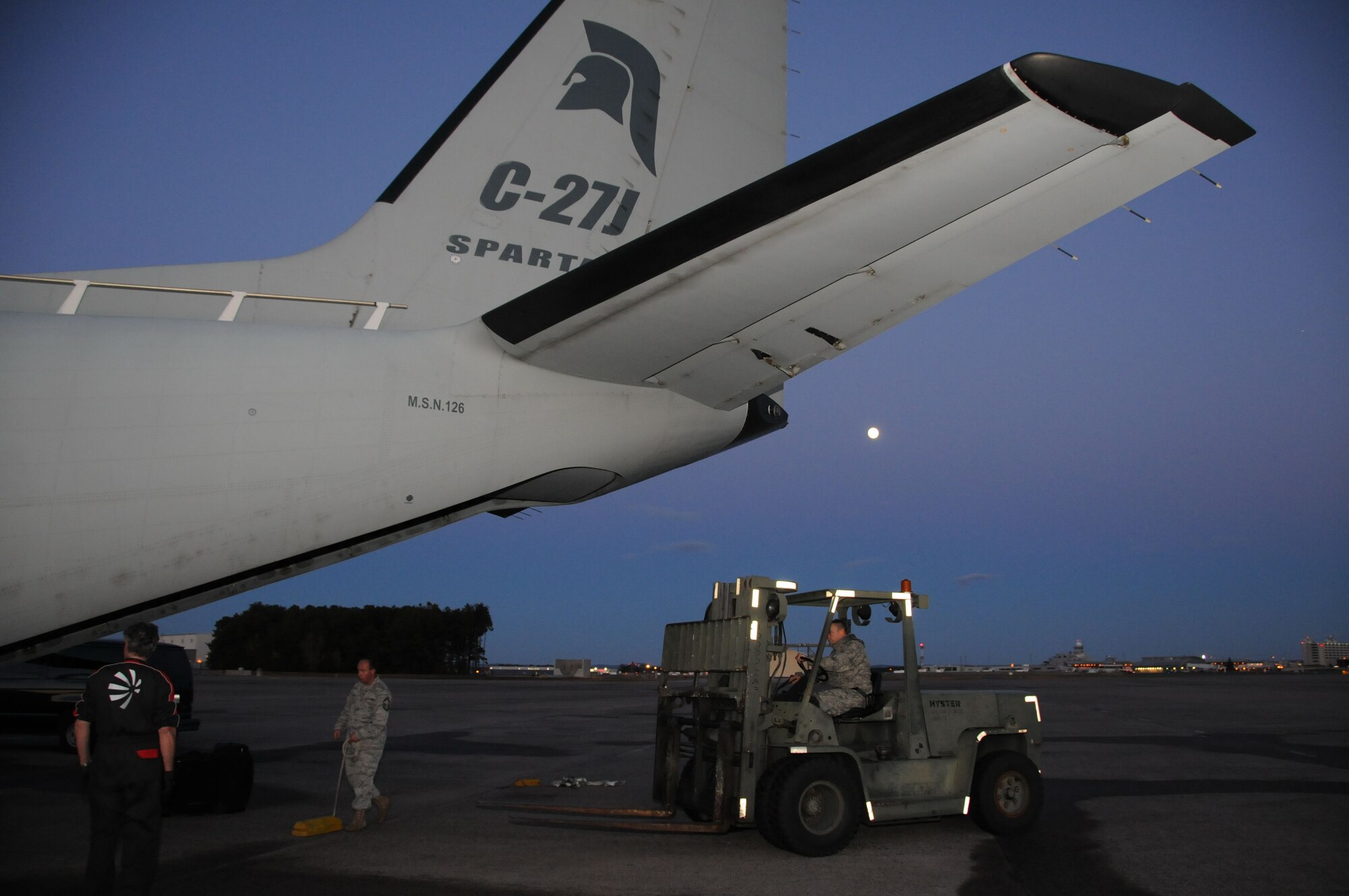 A C27J Spartan is shown on the ramp during a familiarization visit to the Bradley Air National Guard Base in East Granby, Conn. on Thursday, Oct. 21, 2010.  The aircraft visit afforded the Flying Yankees of the 103rd Airlift Wing an opportunity to experience its future mission capabilities first hand.  (U.S. Air Force photo by Tech. Sgt. Erin E. McNamara)